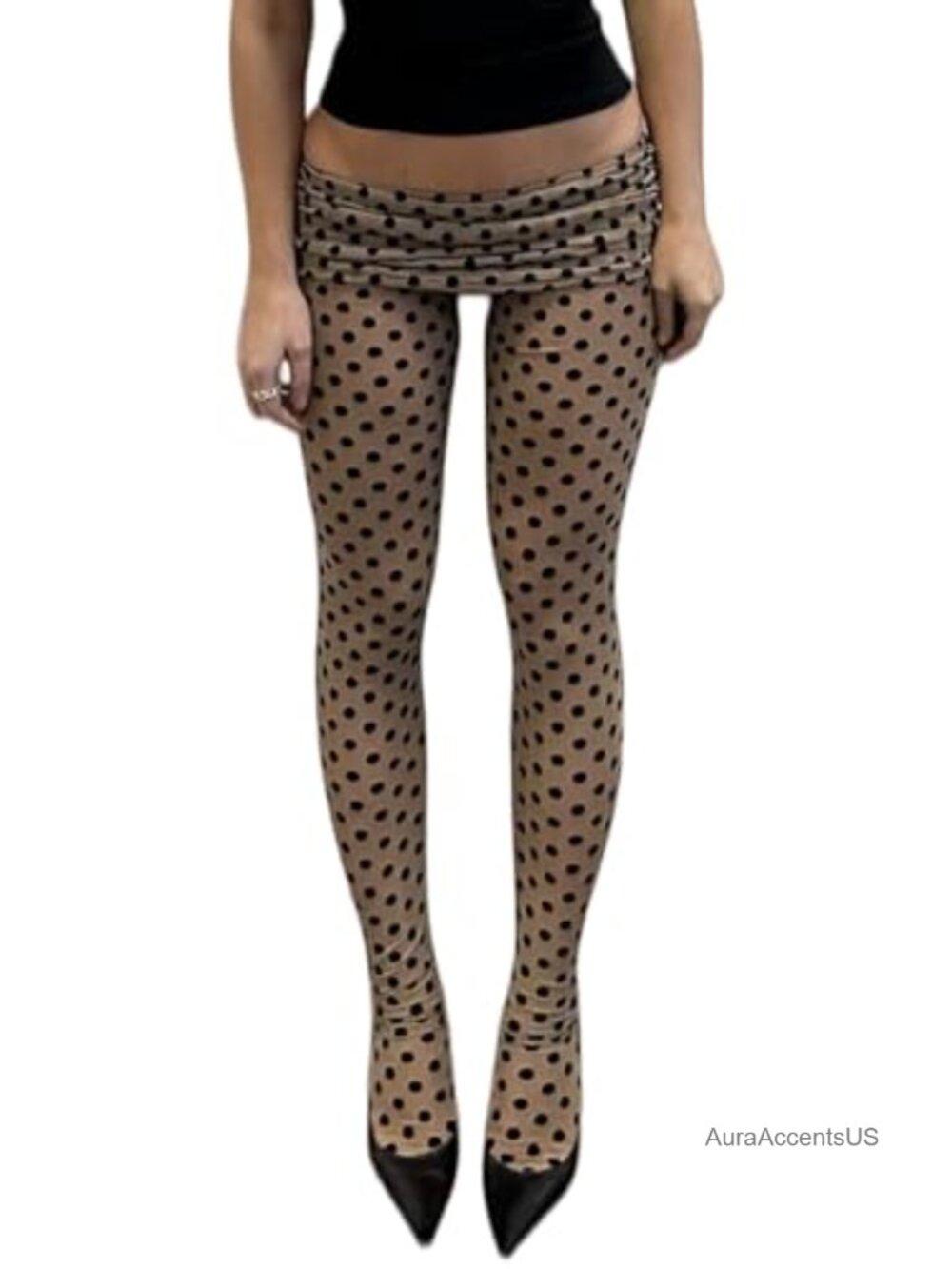 Women Sheer Mesh Polka Dot Tights Fold Over Patterned Leggings Ruched Waist Y2k